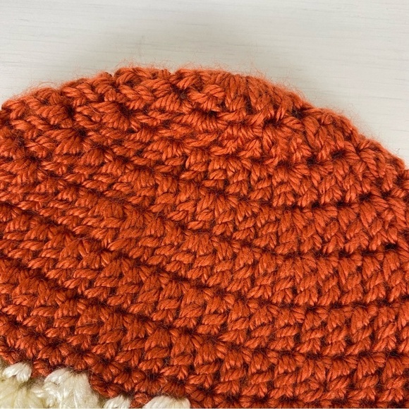 Handmade Women's Boho Slouchy Crocheted Beanie Hat OS Rust Ivory Floral Bands - Picture 7 of 11
